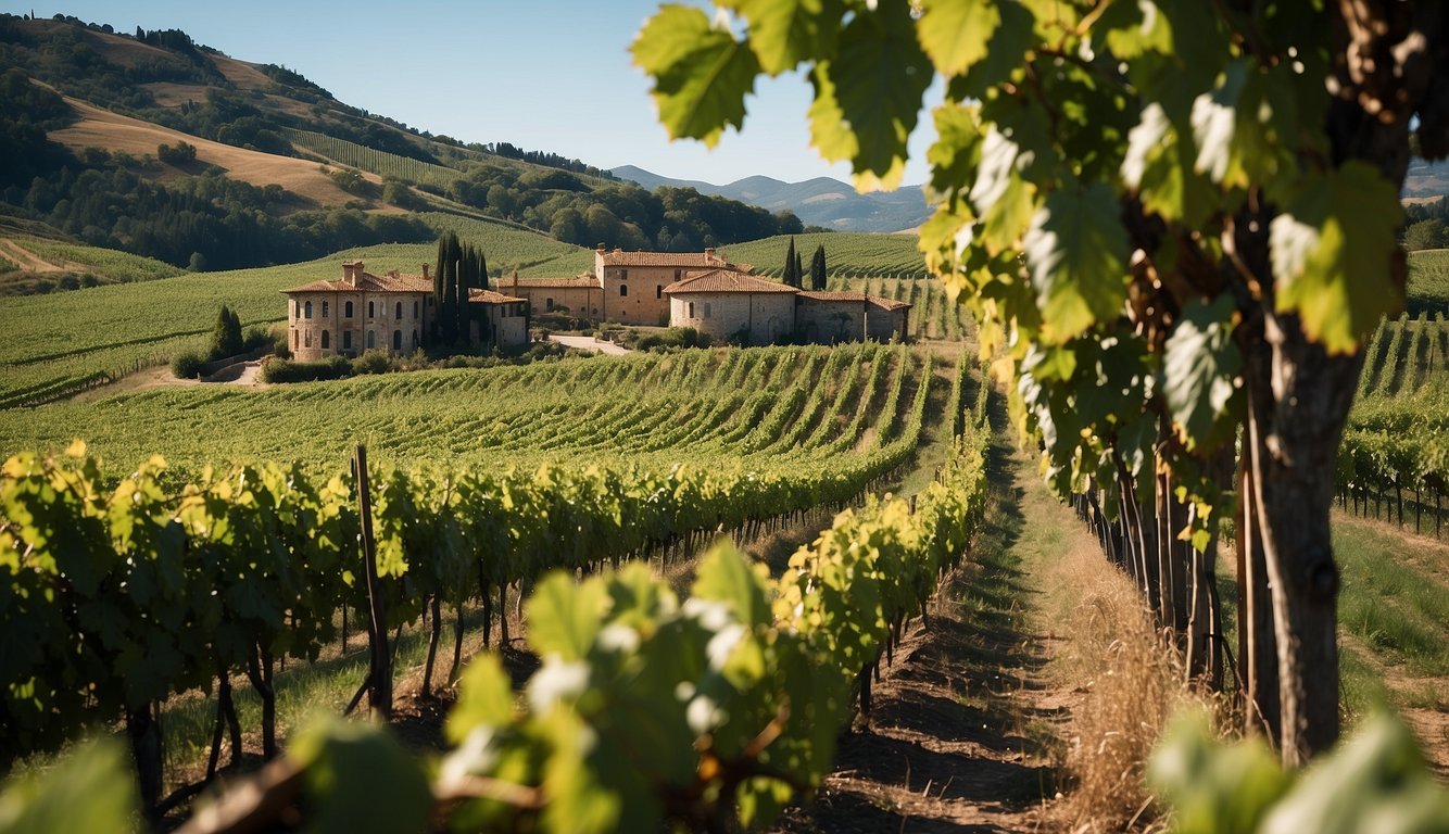 Lush green vineyard rows lead to a grand castle with a winery sign. Rolling hills and blue skies surround the picturesque scene