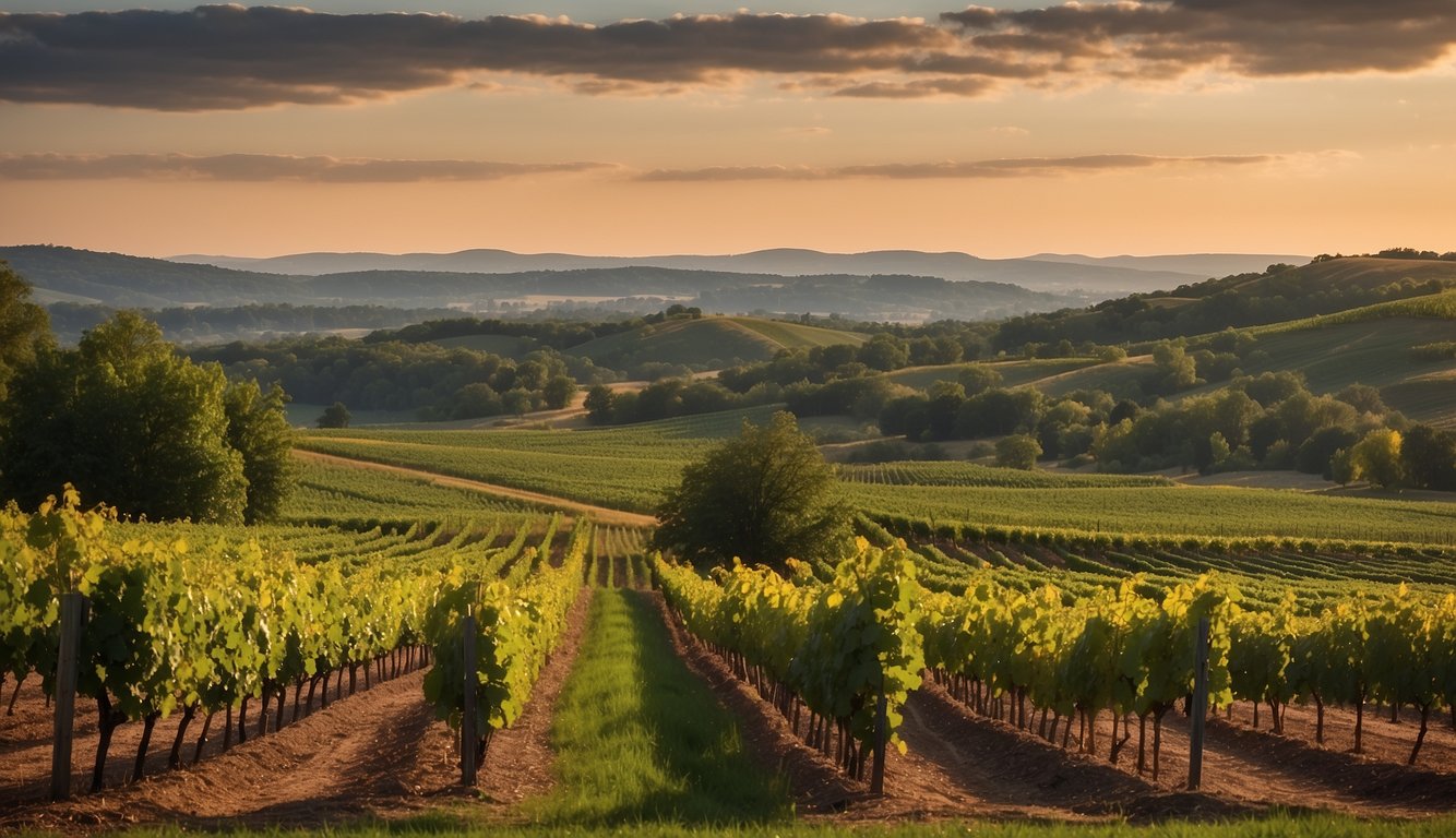 Lush vineyard rows stretch across rolling hills, framed by a backdrop of Michigan's picturesque landscape