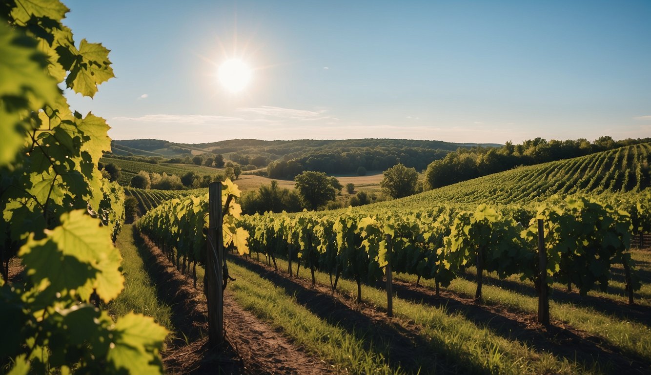 Lush green vineyards at Hickory Creek Winery, Michigan. Vines stretch across rolling hills under a clear blue sky