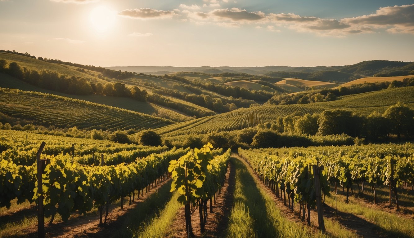 Lush vineyards sprawl across rolling hills, basking in the warm Michigan sun. Rows of grapevines stretch into the distance, framed by picturesque landscapes