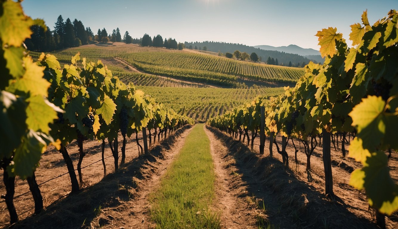 Lush vineyard rows at Betz Family Winery, Washington. Rolling hills, grapevines, and a rustic tasting room