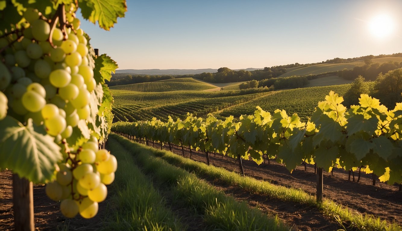 Lush green vineyards sprawl across the rolling hills of Tabor Hill Winery, with rows of grapevines stretching towards the horizon under the warm Michigan sun