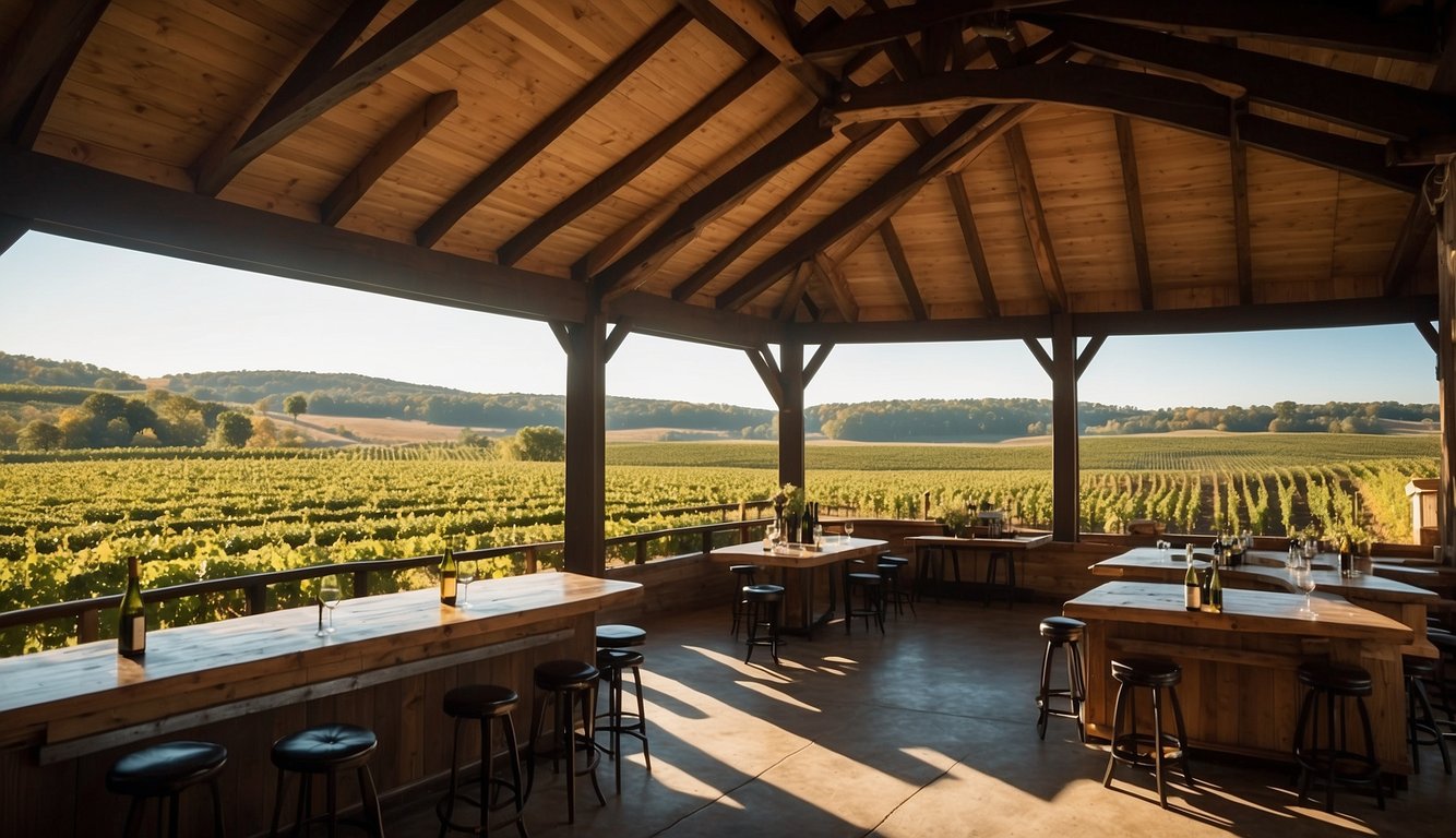 Vibrant vineyard with rolling hills, lush grapevines, and a charming tasting room at Sandhill Crane Vineyards, one of Michigan's top 10 vineyards