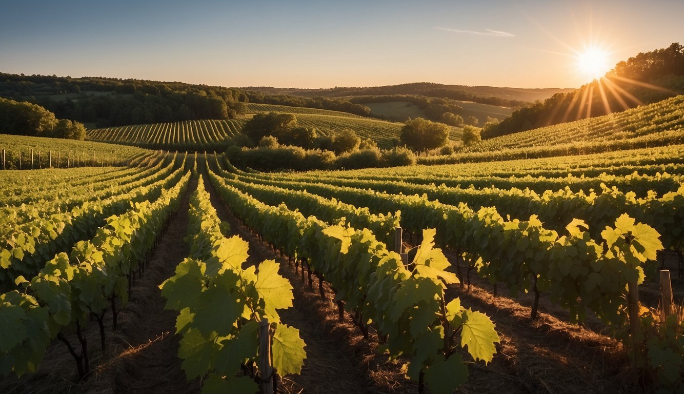 Lush green vineyards stretch across rolling hills, with rows of grapevines reaching towards the sky. The sun sets behind the picturesque Leelanau Cellars, casting a warm glow over the landscape