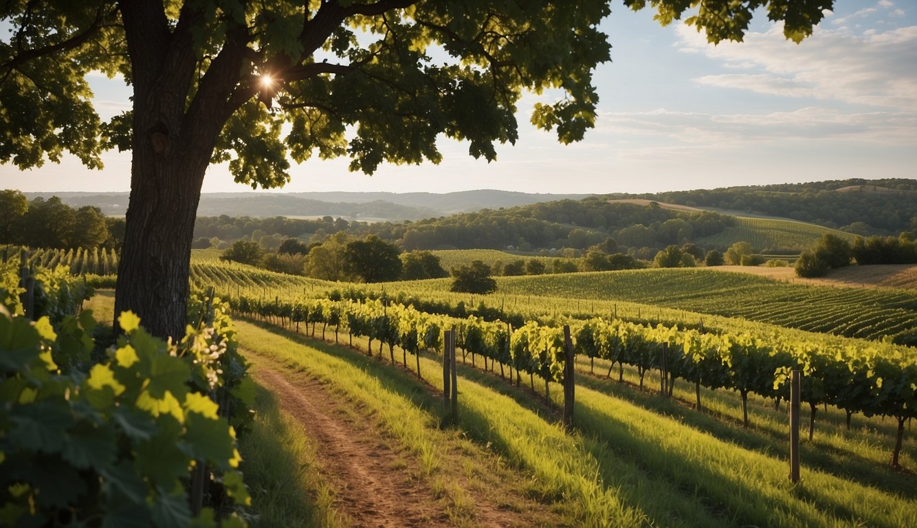 Lush green vineyards stretch across the rolling hills, leading to the grand entrance of St. Julian Winery, nestled in the heart of Michigan's wine country