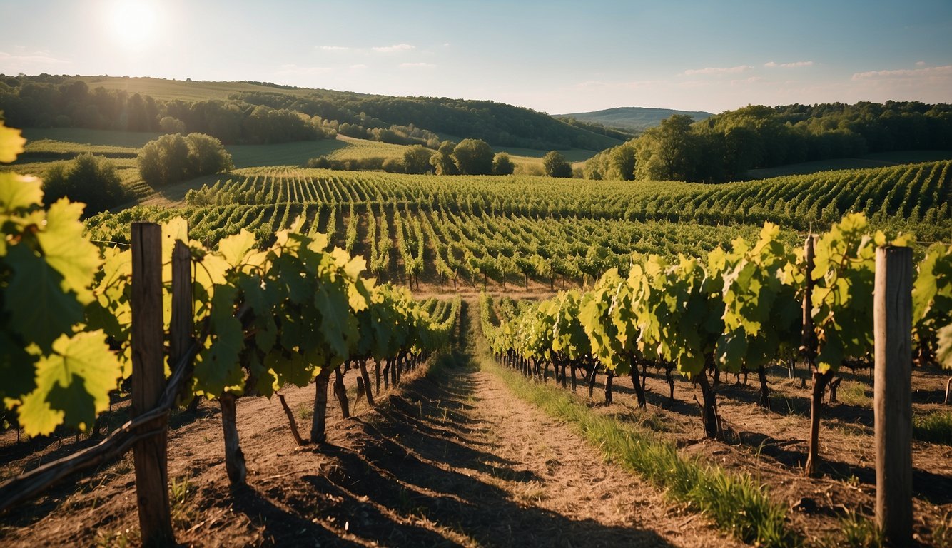 Lush vineyards stretch across rolling hills, basking in the warm Michigan sun. Rows of grapevines lead to the iconic Left Foot Charley winery, nestled among the picturesque landscape