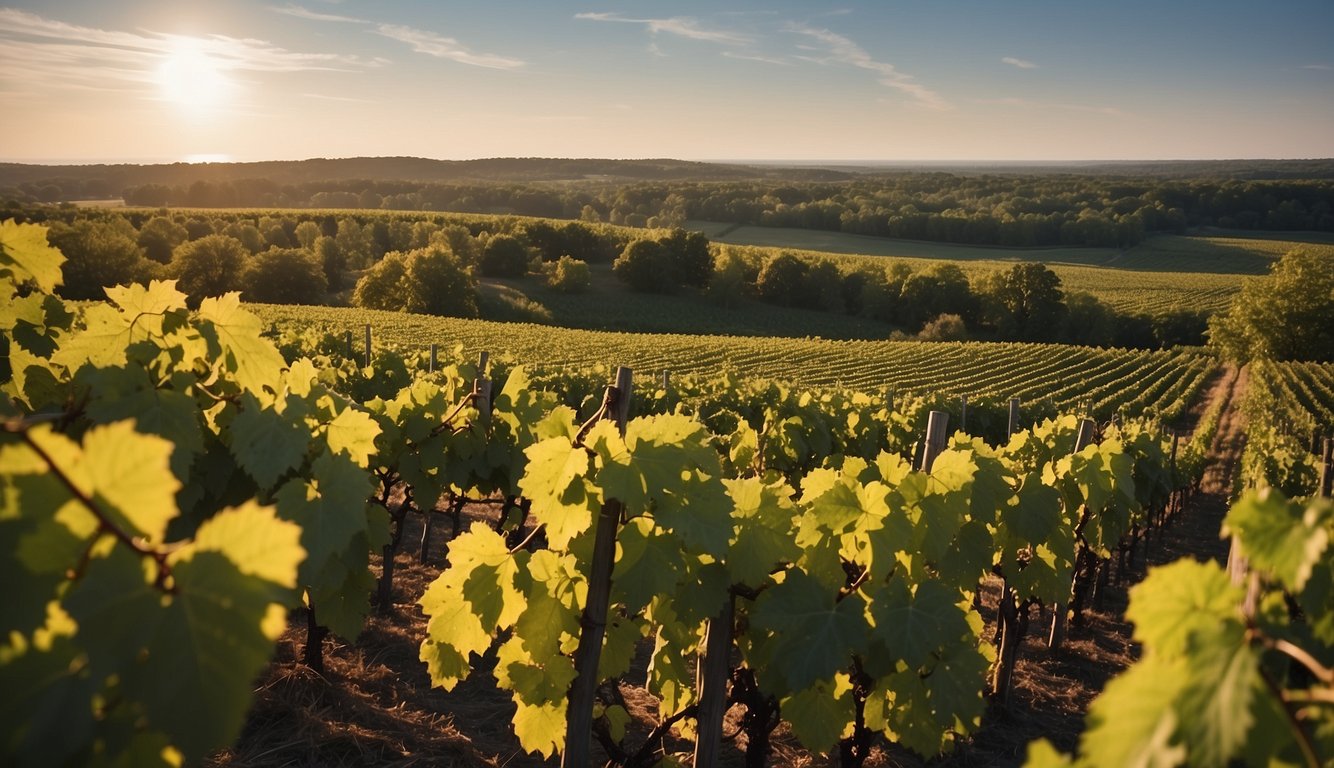 Rolling hills, lush vineyards, and a backdrop of the Great Lakes. Grapevines stretch across the landscape, soaking up the unique climate and geography of Michigan's top vineyards