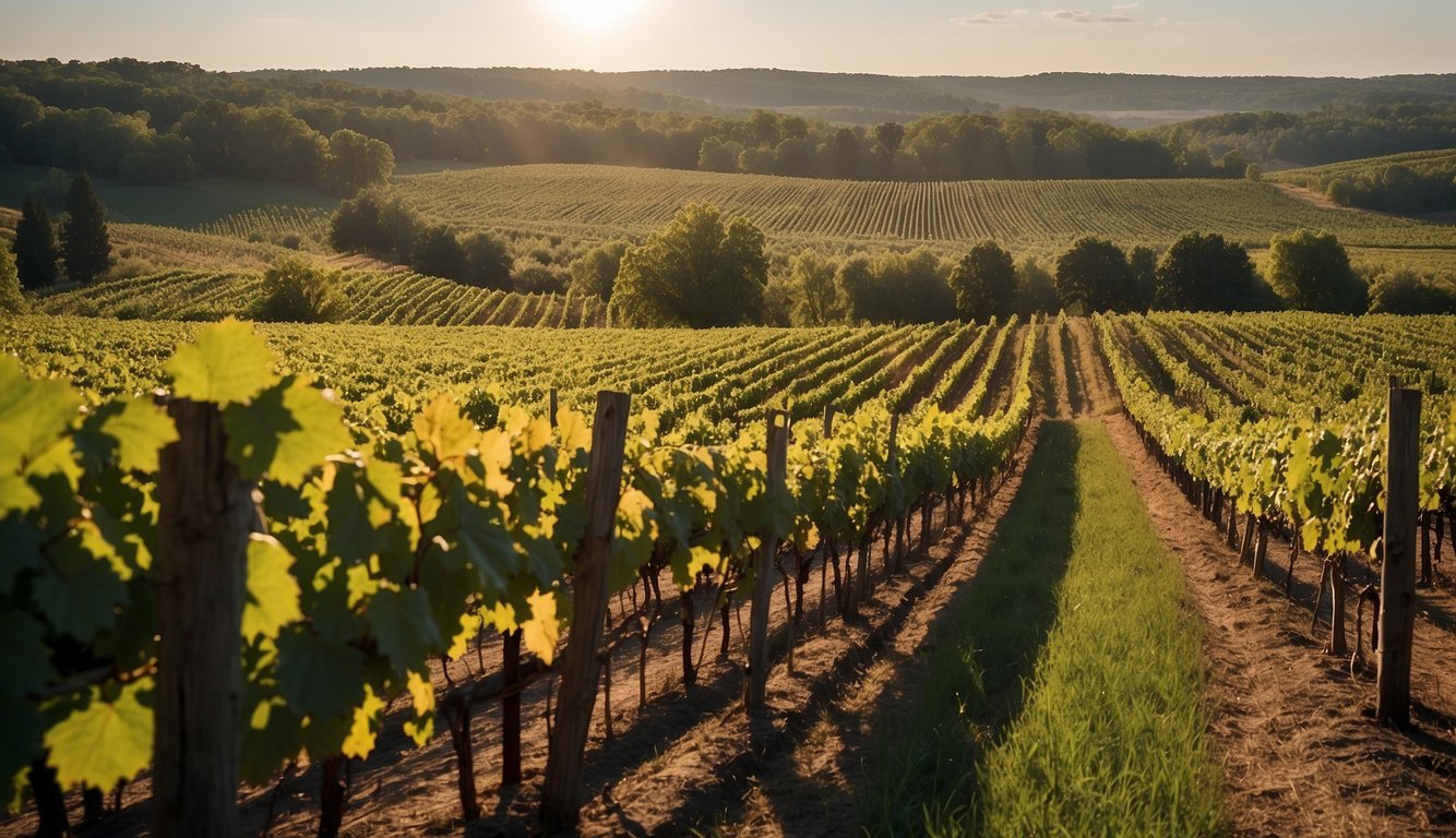 Rolling hills of vineyards stretch to the horizon, each row of grapevines basking in the warm Michigan sun. A rustic winery sits nestled among the lush greenery, welcoming visitors to sample the region's finest wines