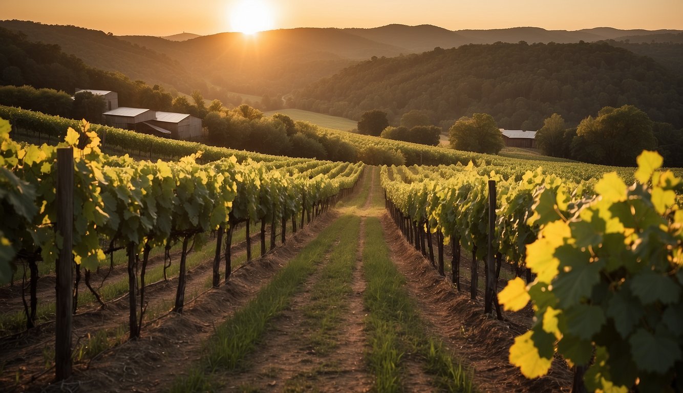 Lush green vineyards surround Amber Falls Winery & Cellars in Tennessee, with rows of grapevines stretching into the distance. The sun sets behind the rolling hills, casting a warm glow over the picturesque landscape