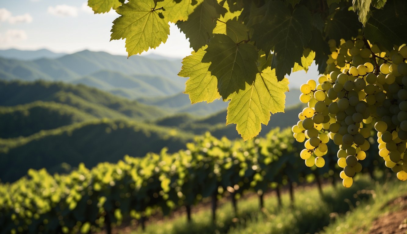 Rolling hills, lush green vineyards, and a backdrop of the Great Smoky Mountains. Sunlight filters through the leaves, casting dappled shadows on the grapevines