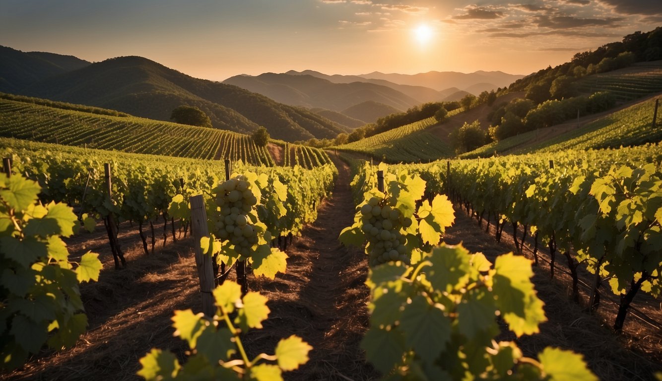 Lush vineyards stretch across rolling hills, framed by the majestic mountains of West Virginia. The sun sets, casting a warm glow over the rows of grapevines, as a gentle breeze carries the scent of ripe fruit through the air