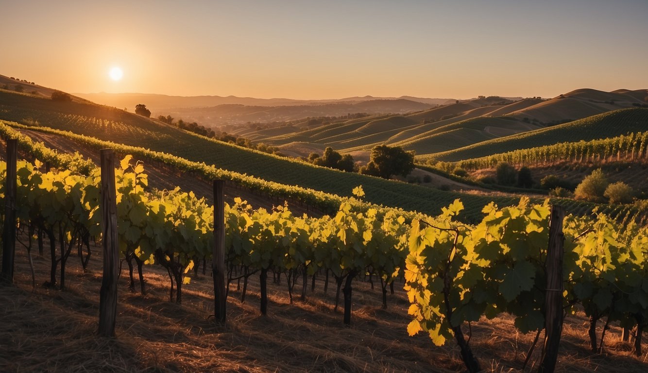 Sunset over rolling hills, rows of lush grapevines, and a rustic winery nestled in the landscape. A serene, picturesque scene capturing the beauty of Alexandria Nicole Cellars