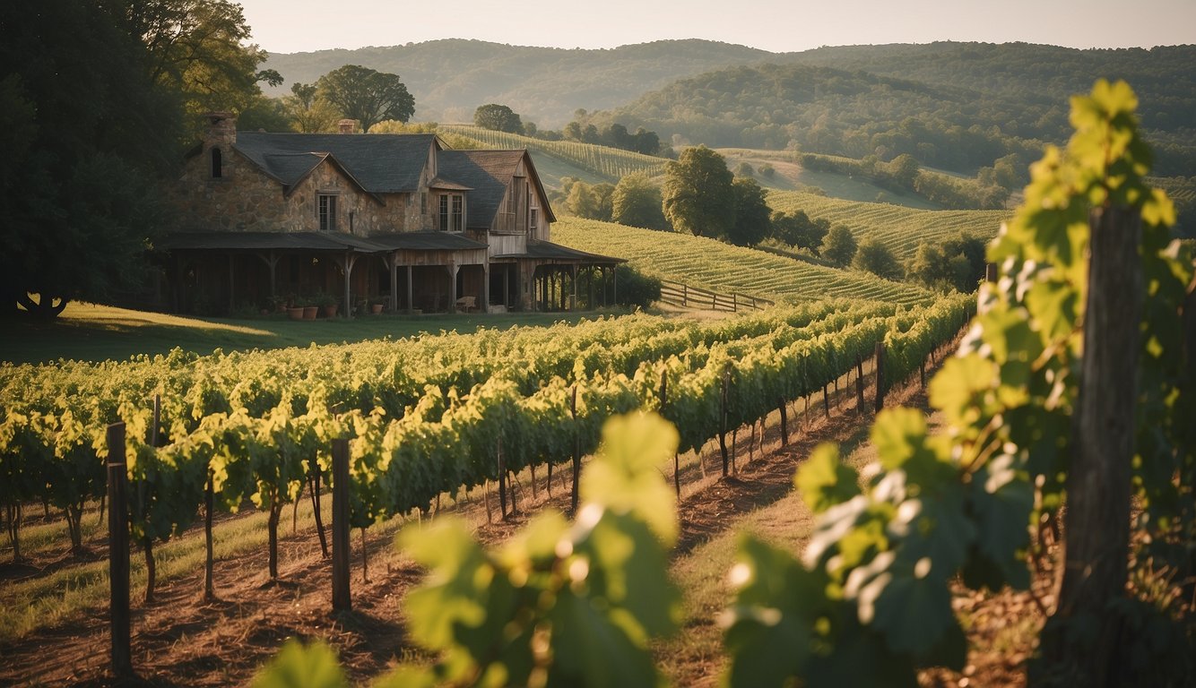 Lush vineyards at DelMonaco Winery, Tennessee. Rolling hills, grapevines, and a rustic winery building