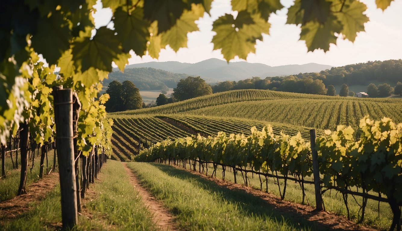 Vibrant vineyard with rolling hills, lush grapevines, and a rustic winery nestled in the Tennessee countryside