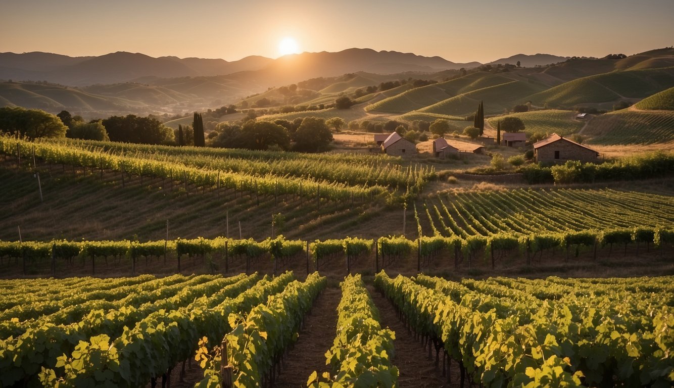 Lush green hills surround a rustic winery, with rows of grapevines stretching into the distance. The sun sets behind the rolling landscape, casting a warm glow over the picturesque scene