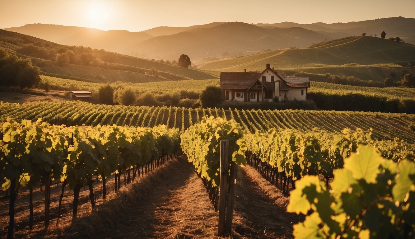 Rolling hills covered in rows of grapevines, with a rustic farmhouse in the background. A warm, golden sunset casts a glow over the lush vineyards