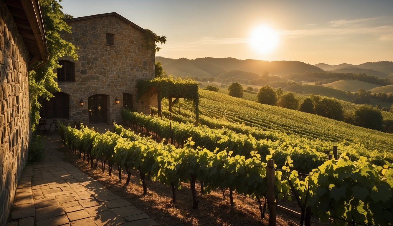 Lush green vines cascade over the rolling hills of Stonehaus Winery, with a rustic stone building nestled among the vineyards. The Tennessee sun casts a warm glow over the picturesque scene