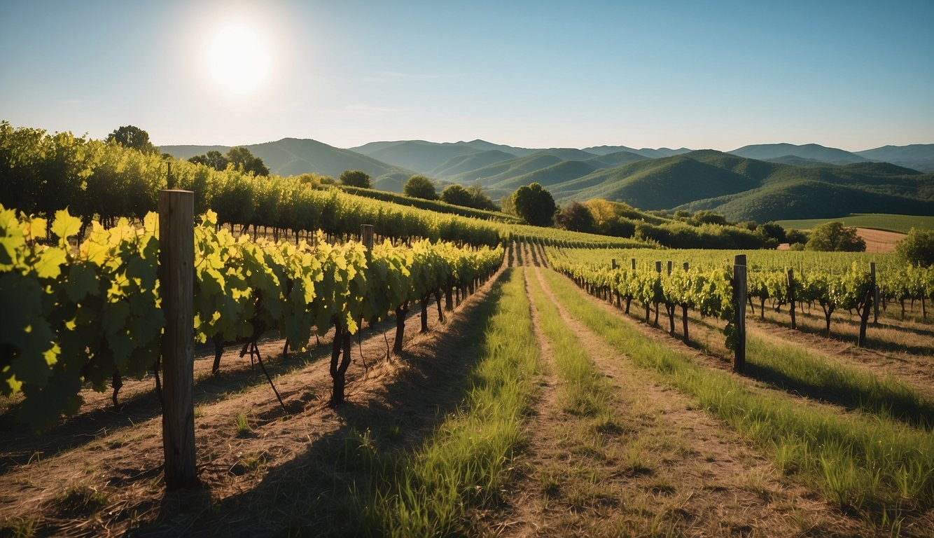 Rolling hills, lush vineyards, and a rustic winery nestled in the Tennessee countryside. A clear blue sky and the warm glow of the sun create a serene and picturesque setting