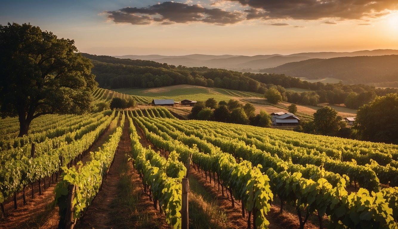 Lush green vineyards stretch across the rolling hills, leading to the rustic Keg Springs Winery. The sun sets behind the picturesque Tennessee landscape