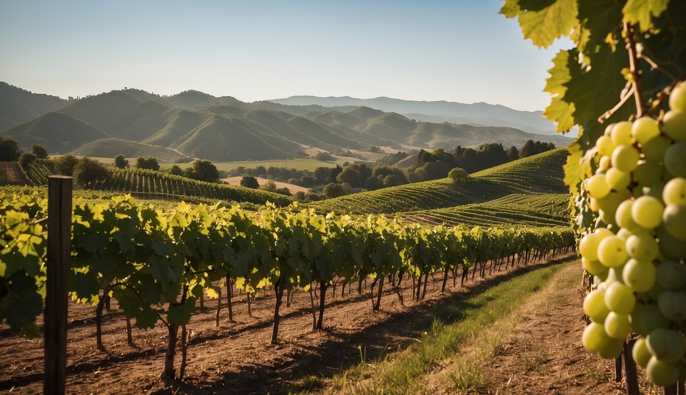 Rolling hills of lush green vineyards, each row neatly aligned, basking in the warm Oregon sun. A backdrop of majestic mountains and a clear blue sky complete the picturesque scene