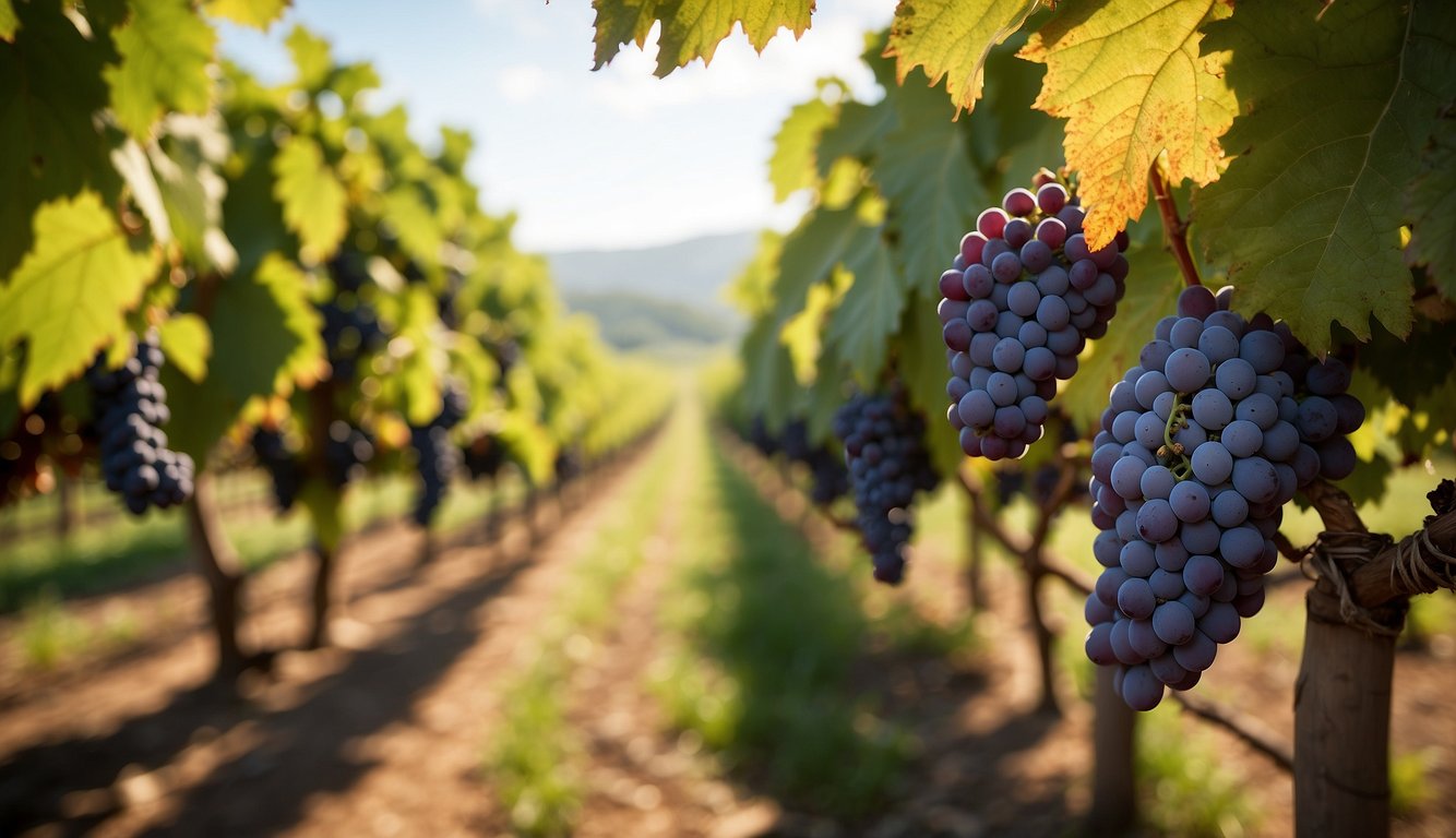 Lush vineyards spread across rolling hills, showcasing the 10 best grape varieties in Oregon. Sunlight filters through the leaves, casting a warm glow on the ripening fruit