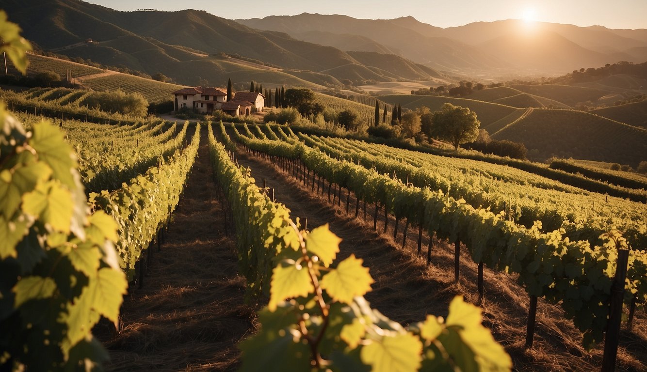 Rolling hills adorned with lush vineyards, basking in the warm glow of the setting sun. A rustic winery nestled among the vines, with the backdrop of majestic mountains