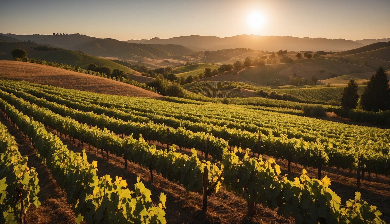 Rolling hills of lush green vineyards surround Brooks Winery, nestled in the heart of Oregon. The sun sets behind the picturesque landscape, casting a warm glow over the rows of grapevines