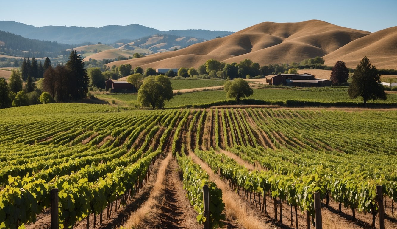 Lush green vineyards surround Argyle Winery, with rolling hills and a clear blue sky. Rows of grapevines stretch into the distance, creating a picturesque scene of Oregon's top vineyard