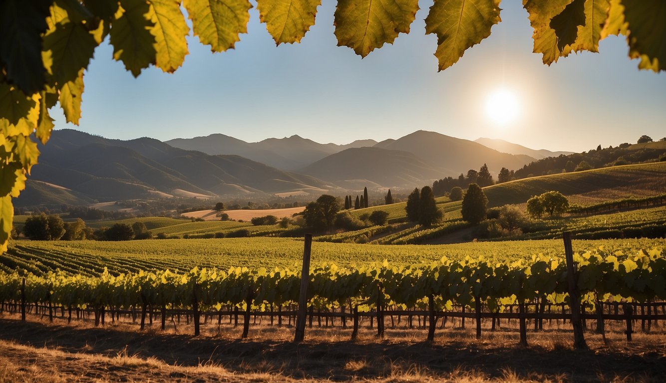 Lush vineyard rows stretch across rolling hills, framed by the majestic Oregon mountains. The sun casts a warm glow over the Domaine Drouhin Oregon estate, where grapevines thrive in the rich soil