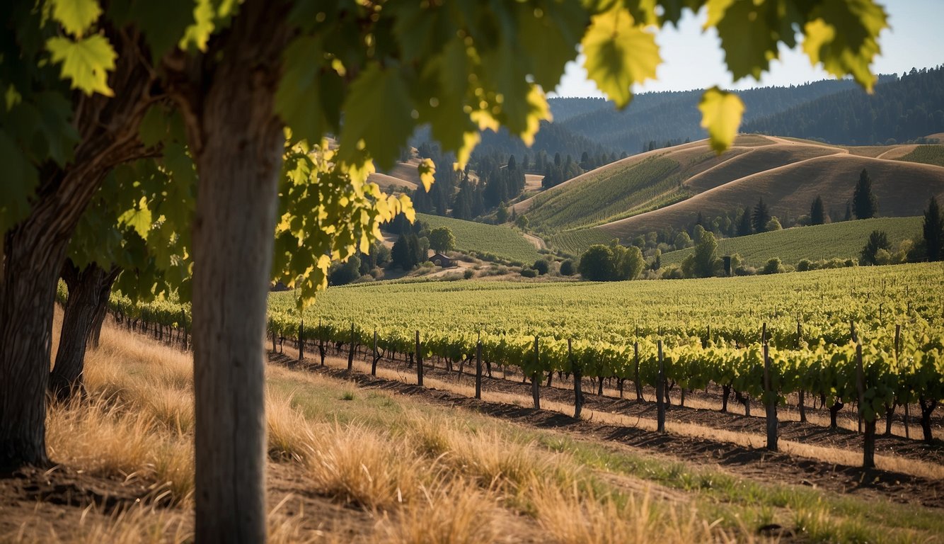 Lush green vineyards surround Penner-Ash Wine Cellars in Oregon. Rolling hills and rows of grapevines create a picturesque landscape