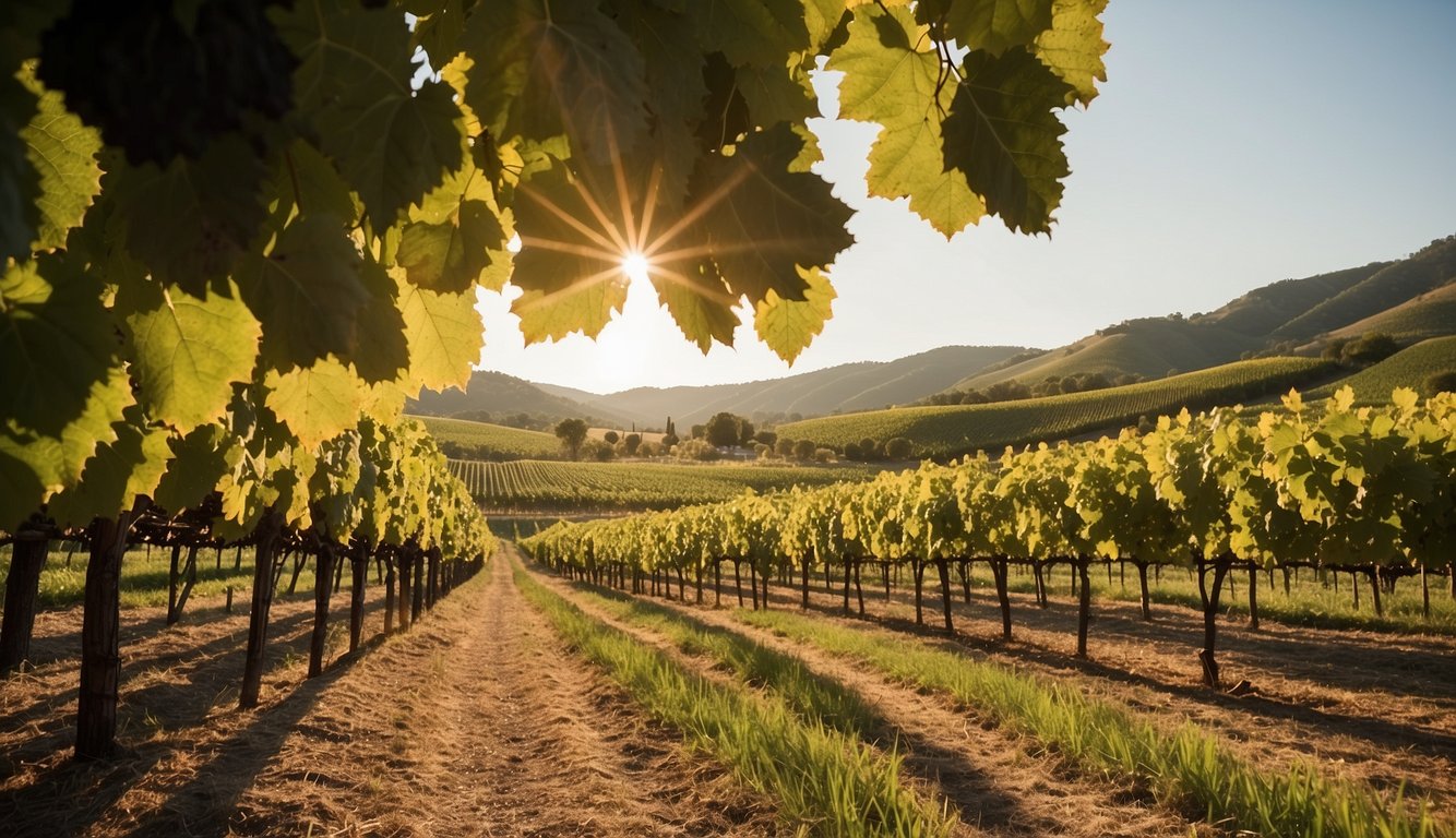 Vineyard with rolling hills, rows of grapevines, and a rustic winery building in the background. Sunlight filtering through the leaves, creating dappled shadows on the ground