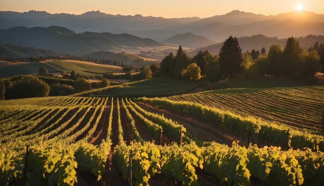 Rolling hills covered in lush green vineyards, with rows of grapevines stretching as far as the eye can see. The sun sets behind the Cascade Mountains, casting a warm glow over the picturesque landscape