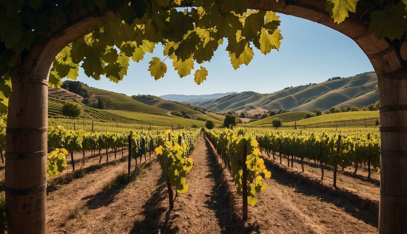 Lush vineyard with rows of grapevines stretching across rolling hills under a clear blue sky. A rustic winery sits nestled in the landscape, surrounded by greenery and serene beauty