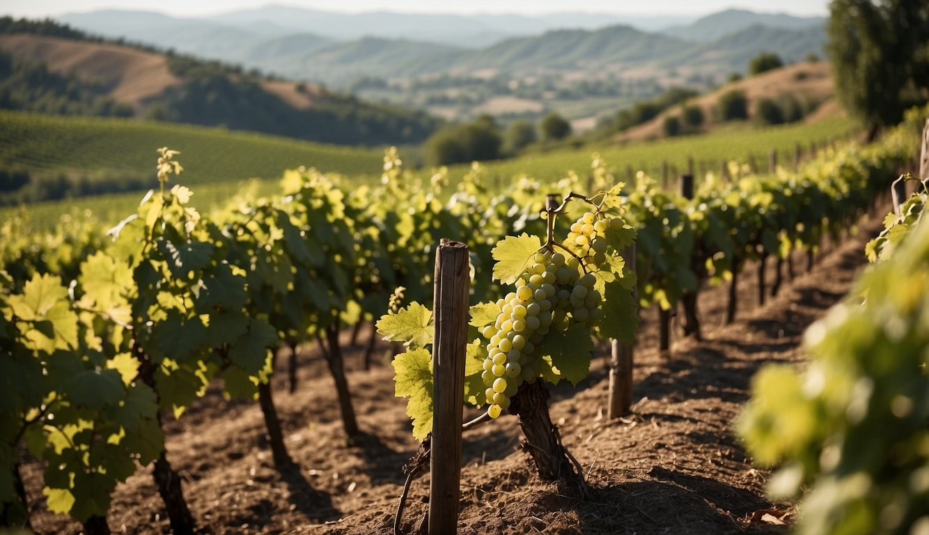 Vineyards sprawl across rolling hills, each row neatly aligned. Grapes glisten in the sun, surrounded by lush greenery and distant mountains