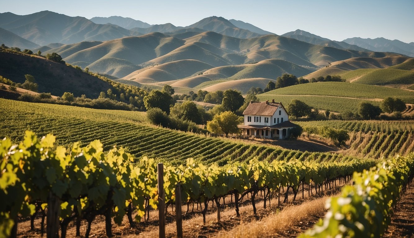 Lush vineyard with rolling hills, rows of grapevines, and a rustic farmhouse nestled among the vines. A serene atmosphere with a backdrop of mountains and a clear blue sky