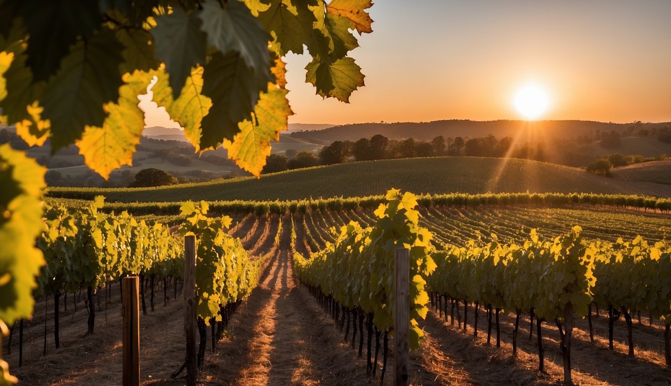 The sun sets over rolling hills of LaBelle Winery, casting a warm glow on the rows of grapevines. A gentle breeze rustles the leaves as the vineyard basks in the tranquility of the evening