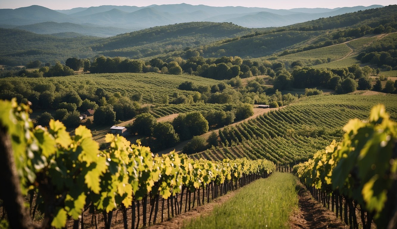 Lush vineyards sprawl across rolling hills, framed by a picturesque New Hampshire landscape. Grapes dangle from the vines, hinting at the rich history of winemaking in the region