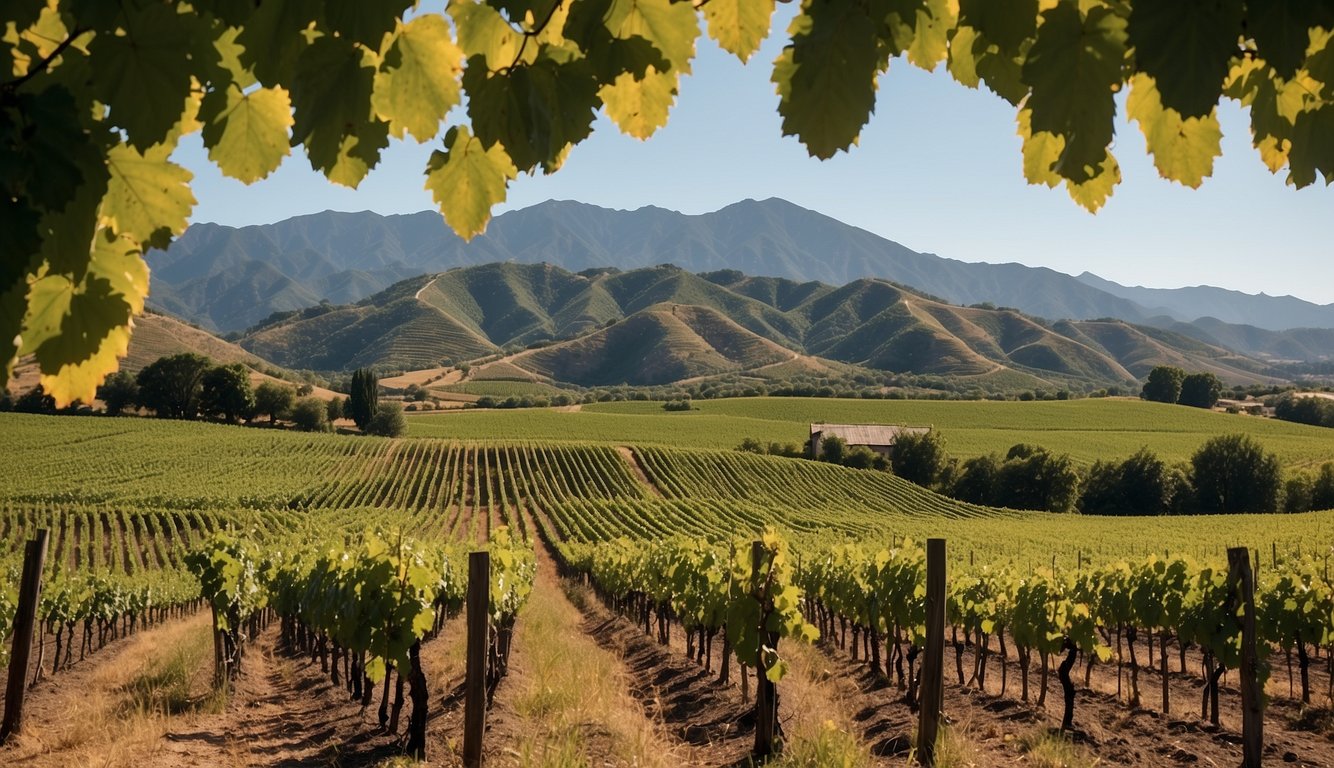 Rolling hills of lush green vineyards, neatly lined rows of grapevines, and a backdrop of majestic mountains under a clear blue sky