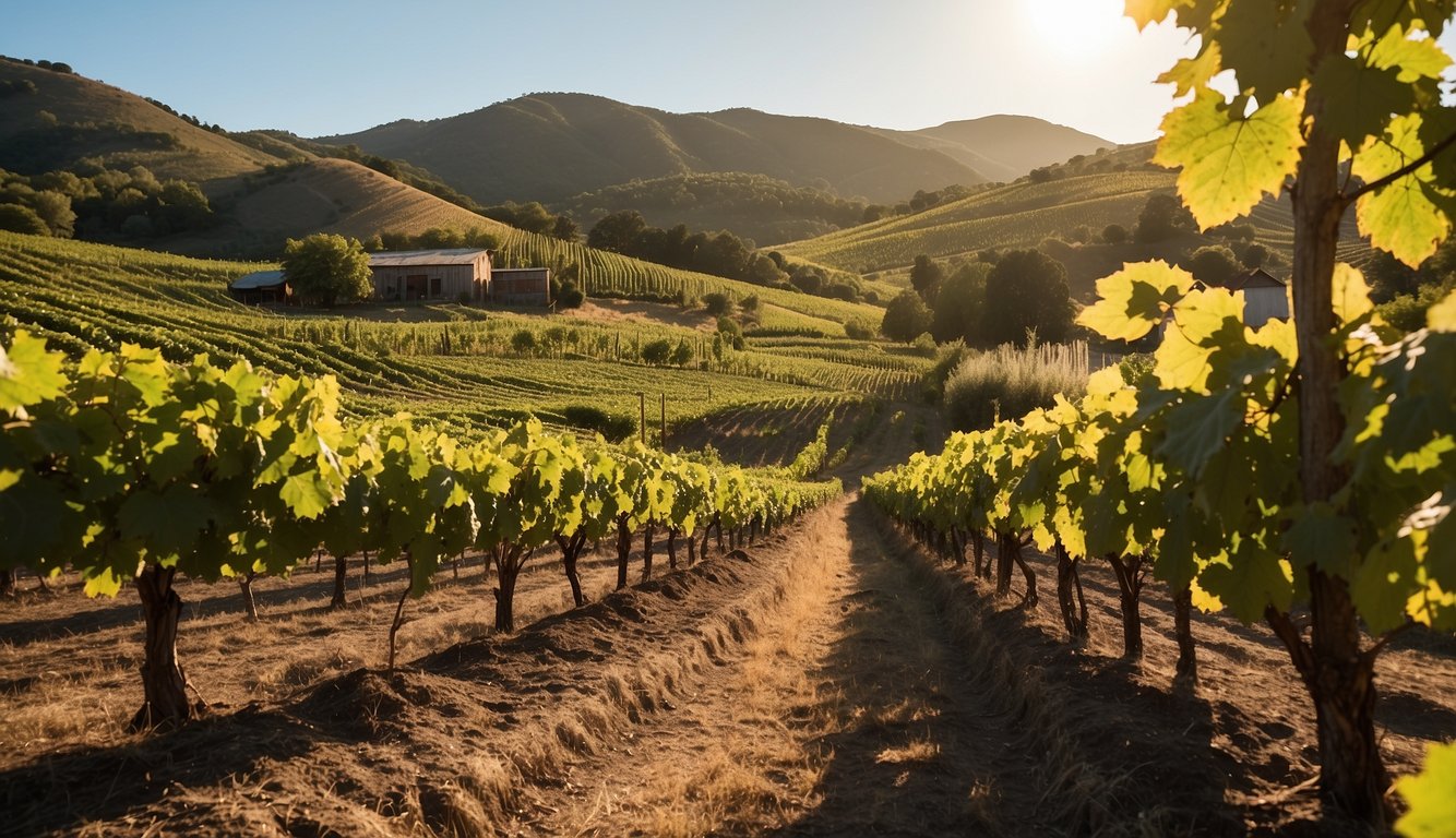 Sunlight filters through the lush vineyard, illuminating rows of vibrant grapevines. A quaint, rustic building labeled "Sap House Meadery" stands in the background, surrounded by rolling hills and a clear blue sky