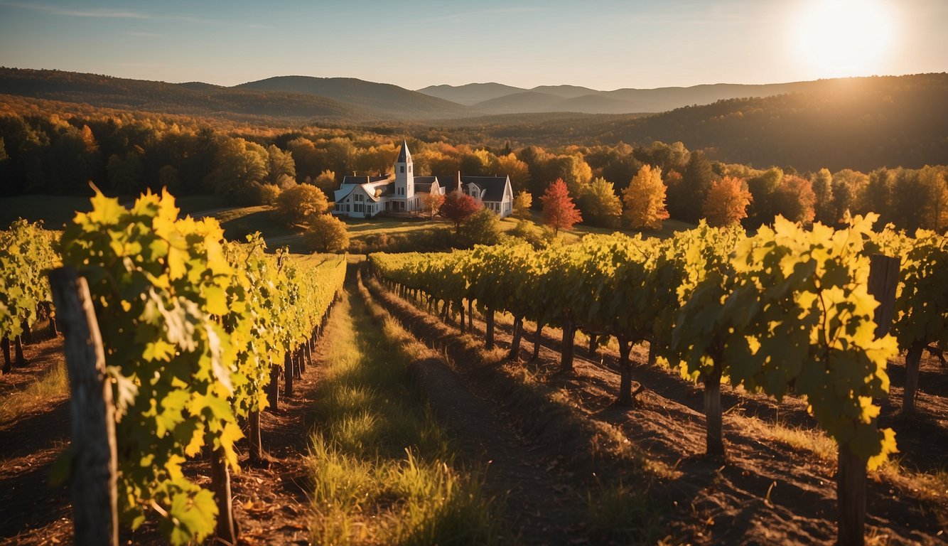 Lush vineyards in New Hampshire bask in golden sunlight, with rows of grapevines stretching into the distance. The vibrant colors of the changing leaves add to the picturesque scene