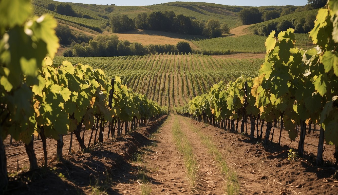 Lush green vineyards sprawl under a clear blue sky, rows of grapevines stretching into the distance. A rustic, weathered barn stands nearby, adding to the serene and picturesque scene