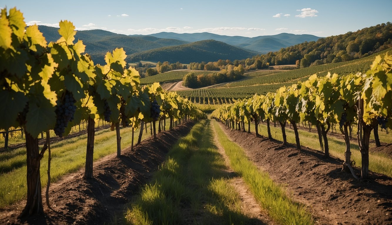 Vineyards in New Hampshire, rows of grapevines, rolling hills, rustic tasting rooms, wine barrels, and scenic views