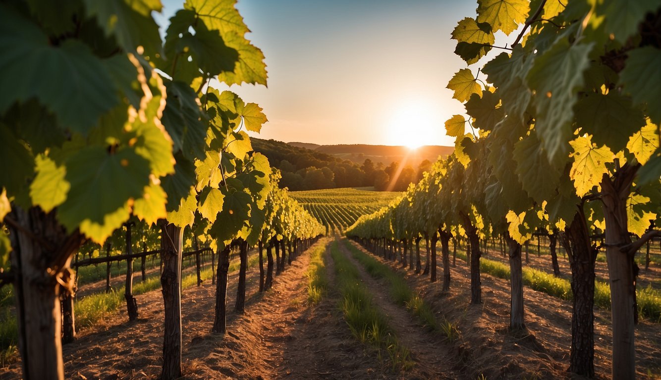 The sun sets over rows of lush grapevines at Gilmanton Winery & Vineyard, one of New Hampshire's top 10 vineyards