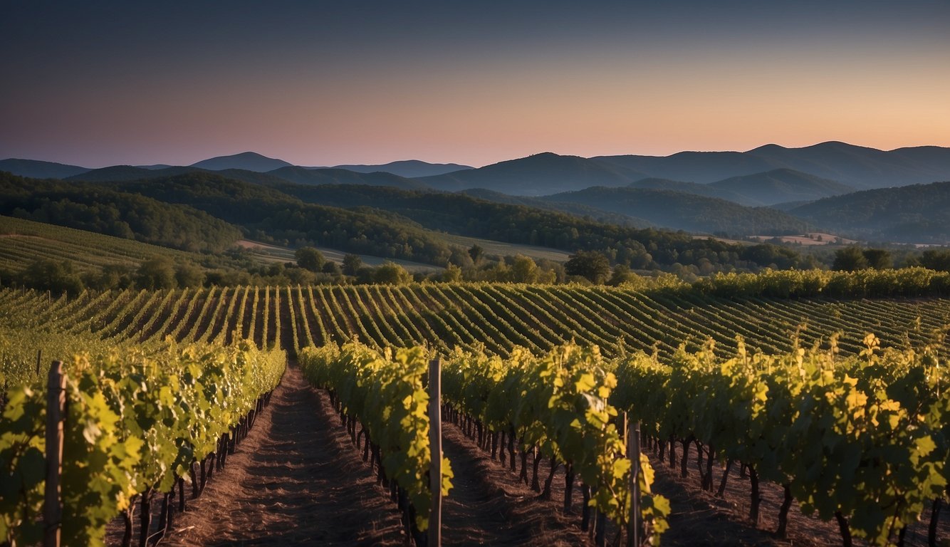 The Moonlight Meadery vineyard glows under the moonlight, with rows of grapevines stretching into the distance against a backdrop of rolling hills in New Hampshire