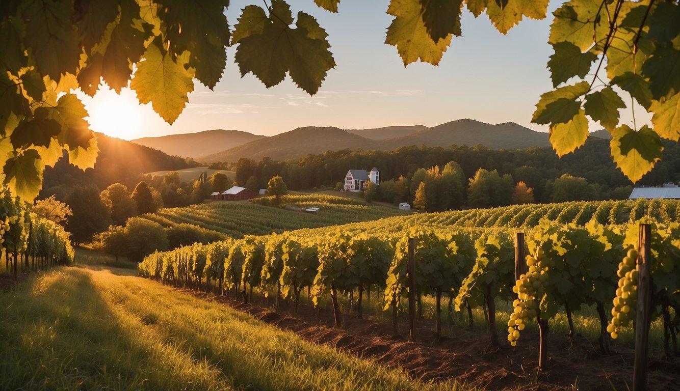 Lush vineyards surround Hermit Woods Winery & Deli, nestled in the picturesque New Hampshire countryside. The sun sets behind the rolling hills, casting a warm glow on the rows of grapevines