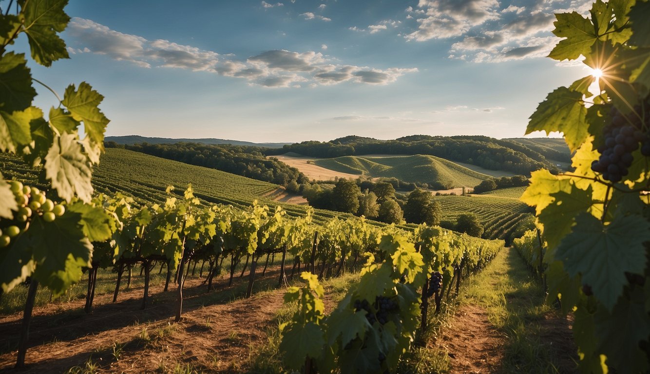 Rolling hills of lush vineyards in Maryland, with rows of grapevines stretching into the horizon. A rustic winery stands in the distance, surrounded by verdant foliage and a clear blue sky