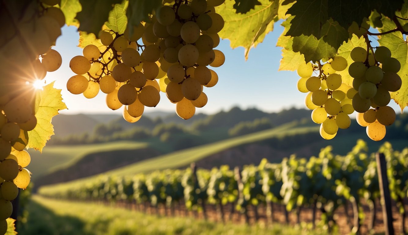 Rolling hills, lush grapevines, and charming wineries dot the Wisconsin landscape. Sunlight filters through the leaves, casting a golden glow over the rows of grapes. A serene and picturesque scene awaits the illustrator's hand