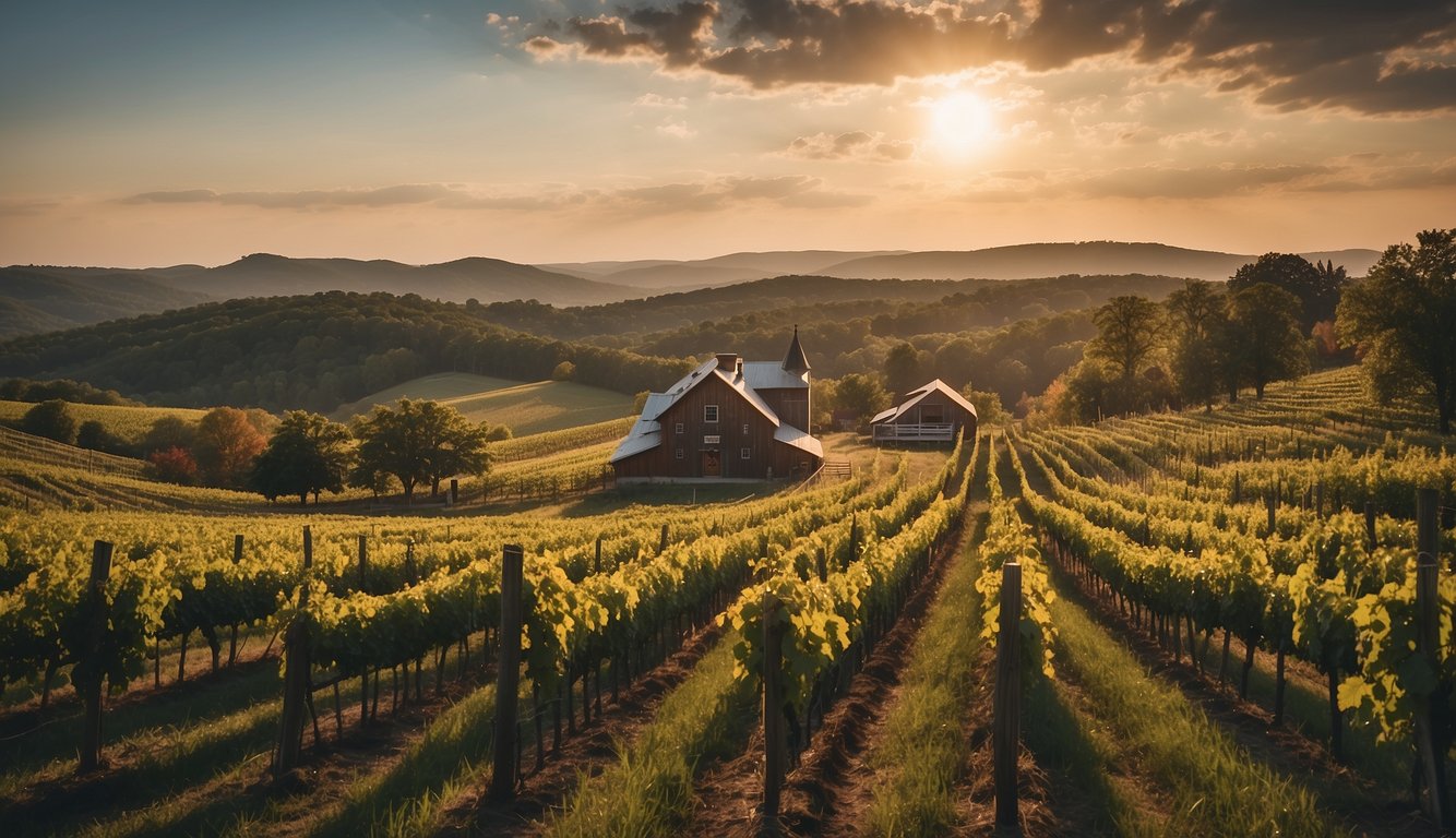 Lush vineyards at Catoctin Breeze, Maryland. Rolling hills, grapevines, and a rustic winery building. Sunny skies and a peaceful atmosphere