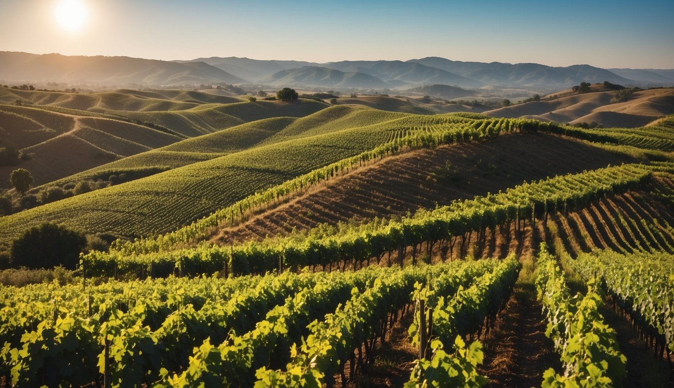 Lush green vineyards spread across rolling hills, with rows of grapevines stretching towards the horizon under a bright blue sky