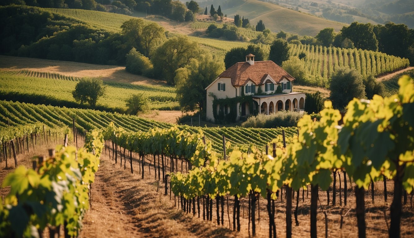 Vineyard landscape with rolling hills, rows of grapevines, and a charming winery building nestled among the lush greenery